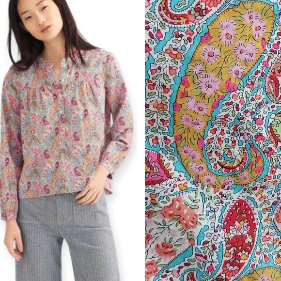 Liberty London Arts Fabrics x J. Crew Colourful Paisley Partial Button Blouse XS - Picture 1 of 16